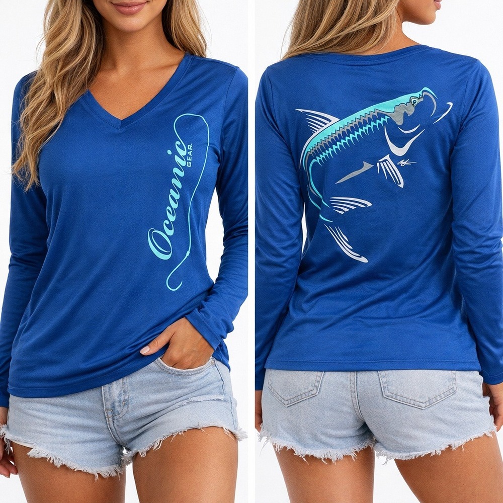 NWT Oceanic Gear Womens Tarpon Fish Graphic Long Sleeve Sun Shirt V-Neck Large